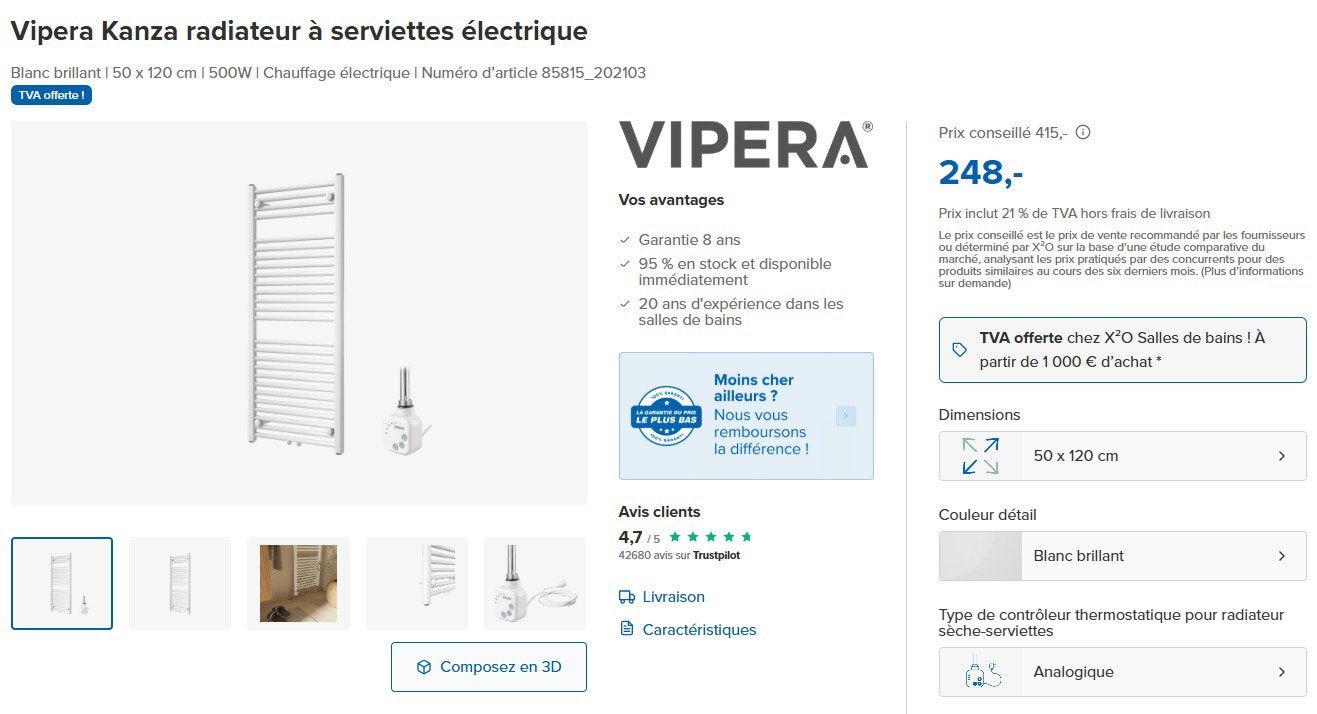 Sèche-serviettes électrique Vipera Kanza, Bricolage & Construction, Enlèvement, Neuf, Radiateur