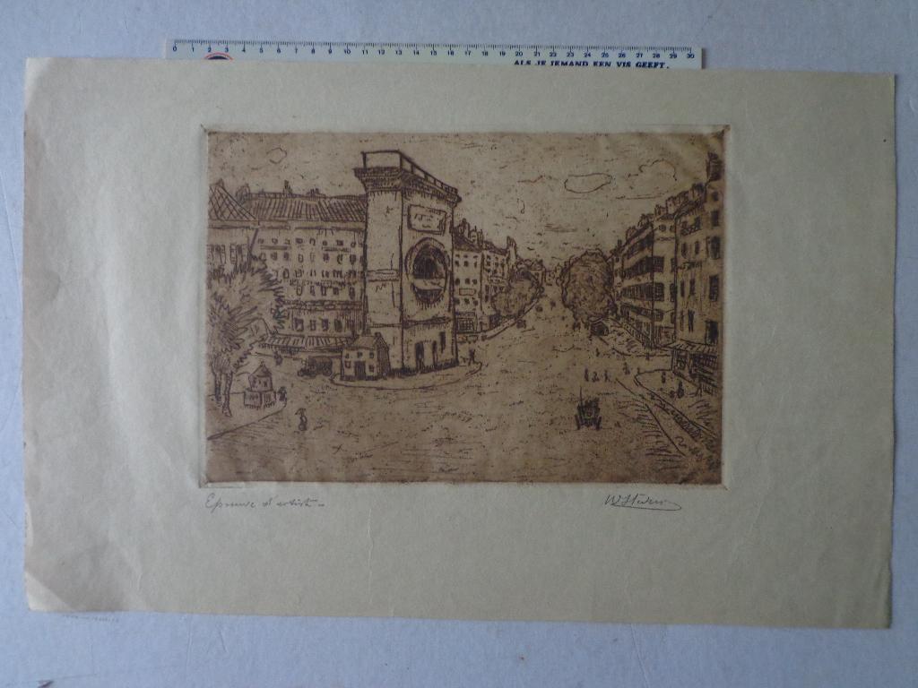 fraaie ets in bister van Walter Stevens "Standslandschap", Antiek en Kunst, Kunst | Etsen en Gravures, Ophalen of Verzenden, Stadsgezicht