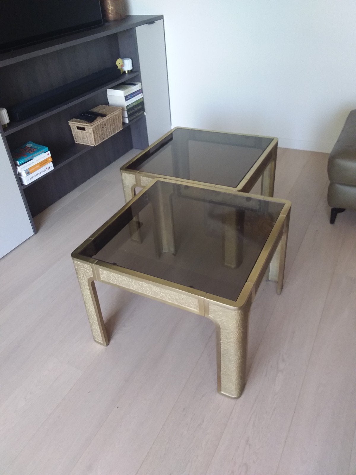 Vintage massif bronzen salontafels Peter van Heeck 1970, Huis en Inrichting, Tafels | Salontafels, Ophalen, Glas
