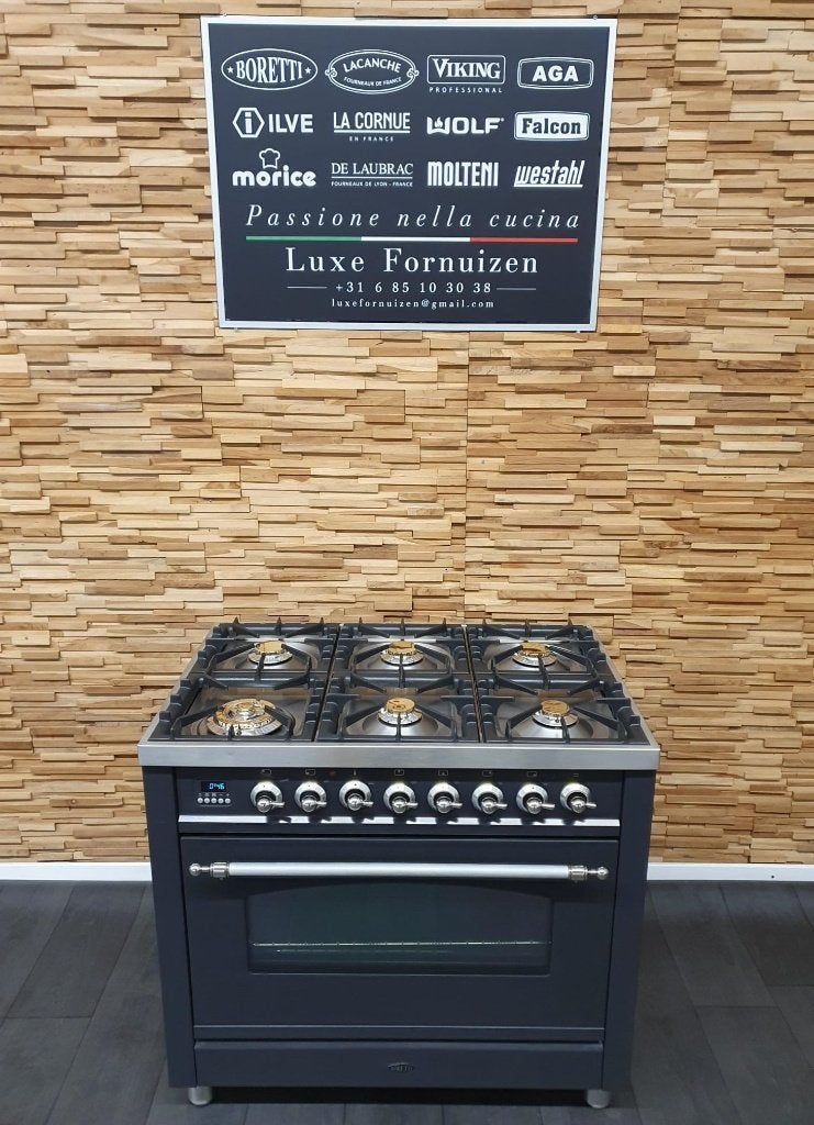 Luxe Boretti gasfornuis 90cm antraciet + rvs 6 pits 1 oven, 60 cm of meer, Ophalen of Verzenden, Zo goed als nieuw, Energieklasse A of zuiniger