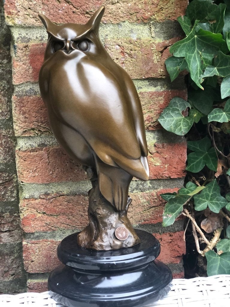 bronzen sculptuur van een uil uilen beeld op marmer, Enlèvement ou Envoi, Brons, Statue