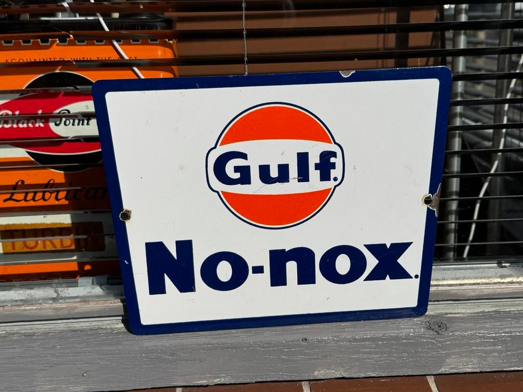 Oud origneel Gulf emaille reclamebord, Verzamelen, Ophalen of Verzenden, Gebruikt, Reclamebord