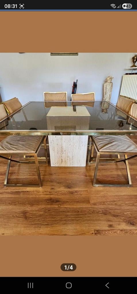 Eetkamertafel Brons en travertin getekend Roger Vanhevel., Ophalen