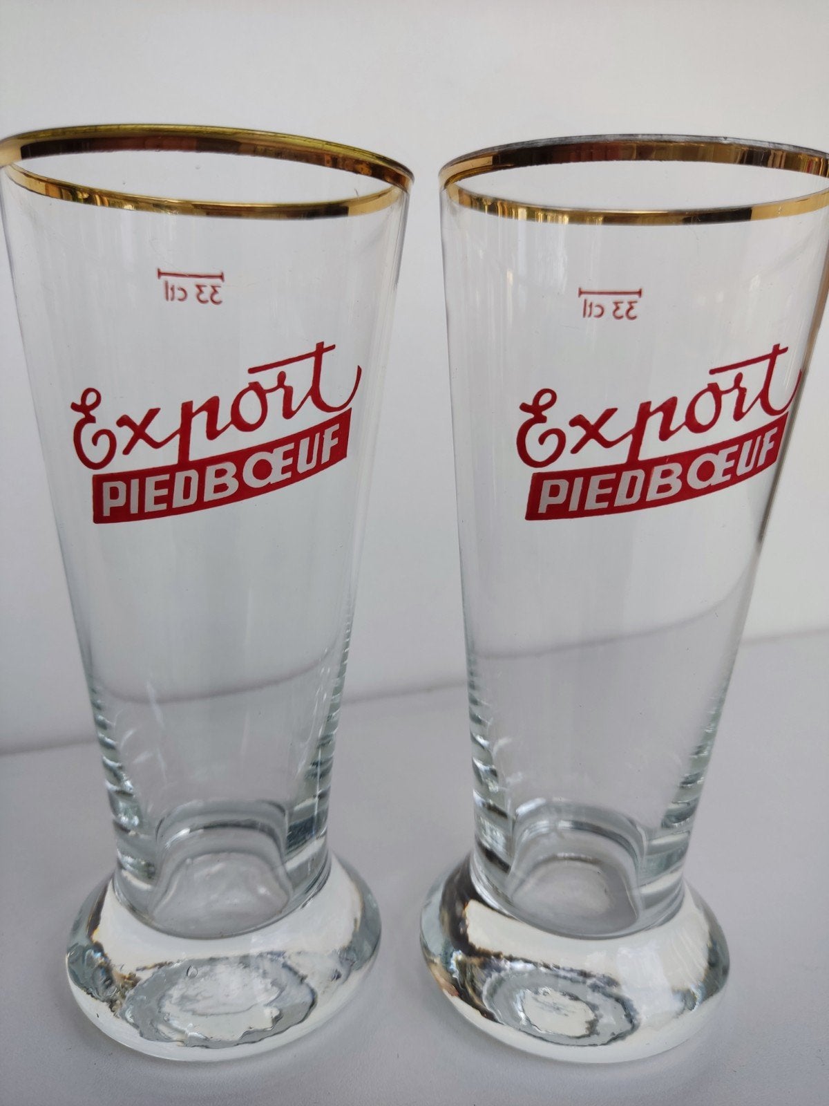 • Set van 2 Vintage Bierglazen Export Piedboeuf (33 cl), Ophalen, Zo goed als nieuw, Glas of Glazen, Overige merken