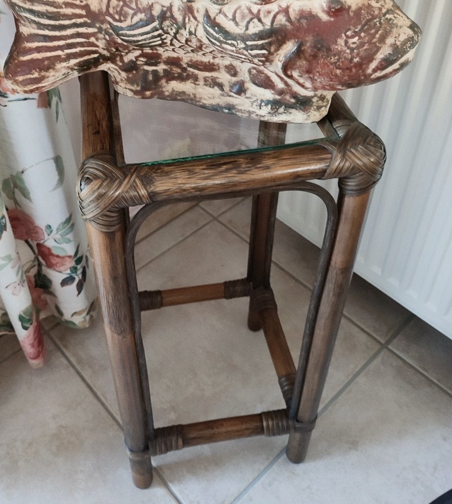 Sellette, table d'appoint. En bambou et rotin avec verre, Maison & Meubles, Enlèvement ou Envoi, Moins de 55 cm, Mid-Century, Bohemian Chic