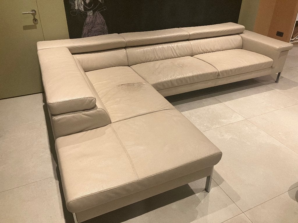 Wit lederen hoekzetel met lounge, Ophalen, Gebruikt, Leer