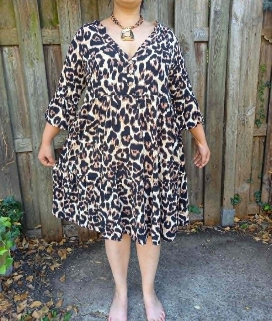 Wijde jurk jaguarprint, viscose, maat 44/46, lengte 99 cm, Ophalen of Verzenden, Maat 42/44 (L)