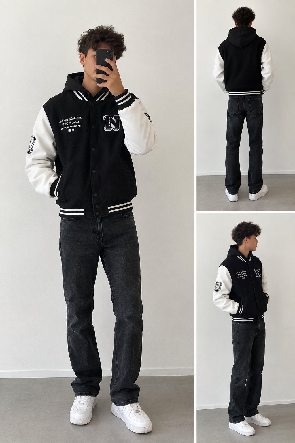 Varsity streetwear-set in zwart en wit + jeans, Kinderen en Baby's, Verzenden, Zo goed als nieuw, Jongen, Setje