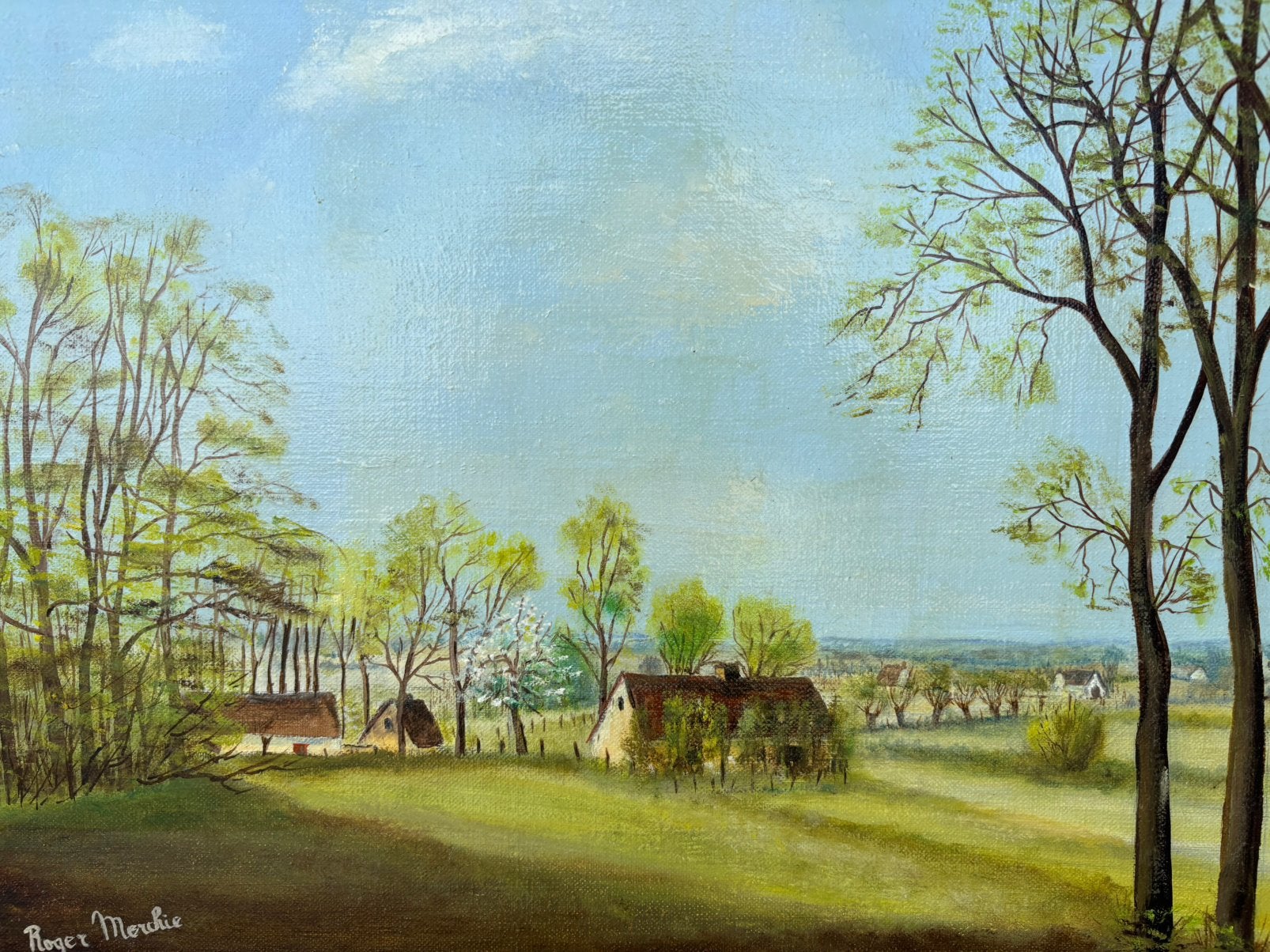 Tableau : Paysage avec vue sur les fermes, Antiquités & Art, Enlèvement ou Envoi, Peinture à l'huile, Paysage, Signé