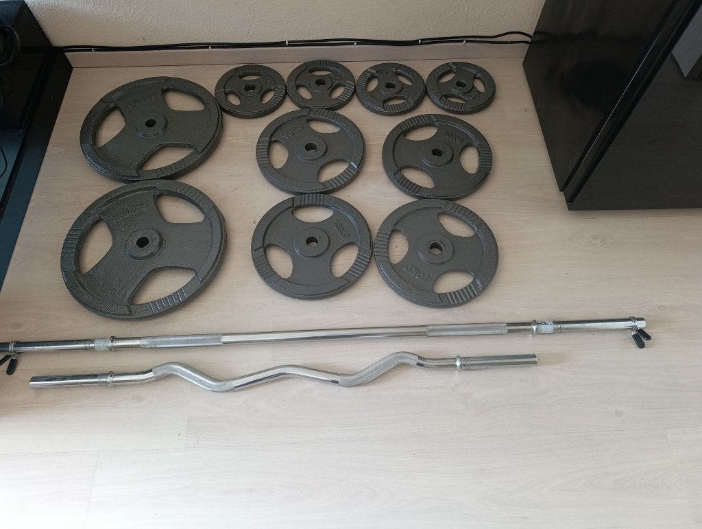 Olympische Halterset 100kg Gietzijzer (50mm) + 2 bars, Sport en Fitness, Fitnessmaterialen, Ophalen, Zo goed als nieuw, Benen