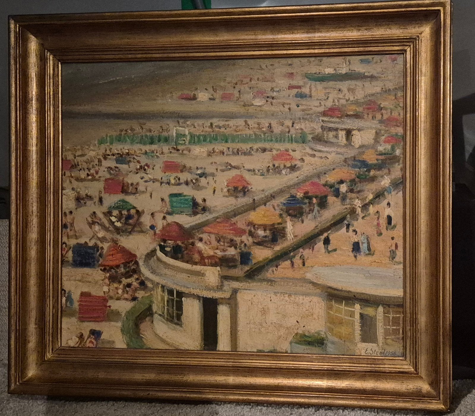 Schilderij Etienne Steel(1910-1971)Strand Oostende(1956), Antiek en Kunst, Ophalen, Maritiem / water, Doek, Gesigneerd