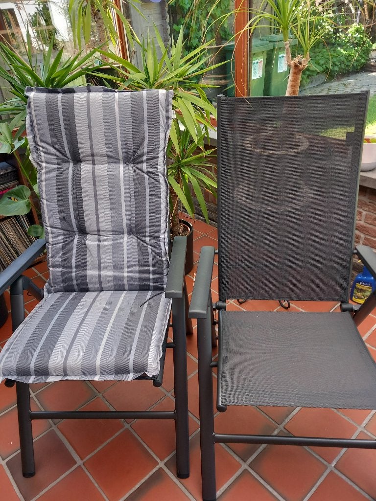 2 inklapbare tuinstoelen met bijpassende kussens, Jardin & Terrasse, Chaises de jardin, Enlèvement, Neuf, Aluminium, Ajustable