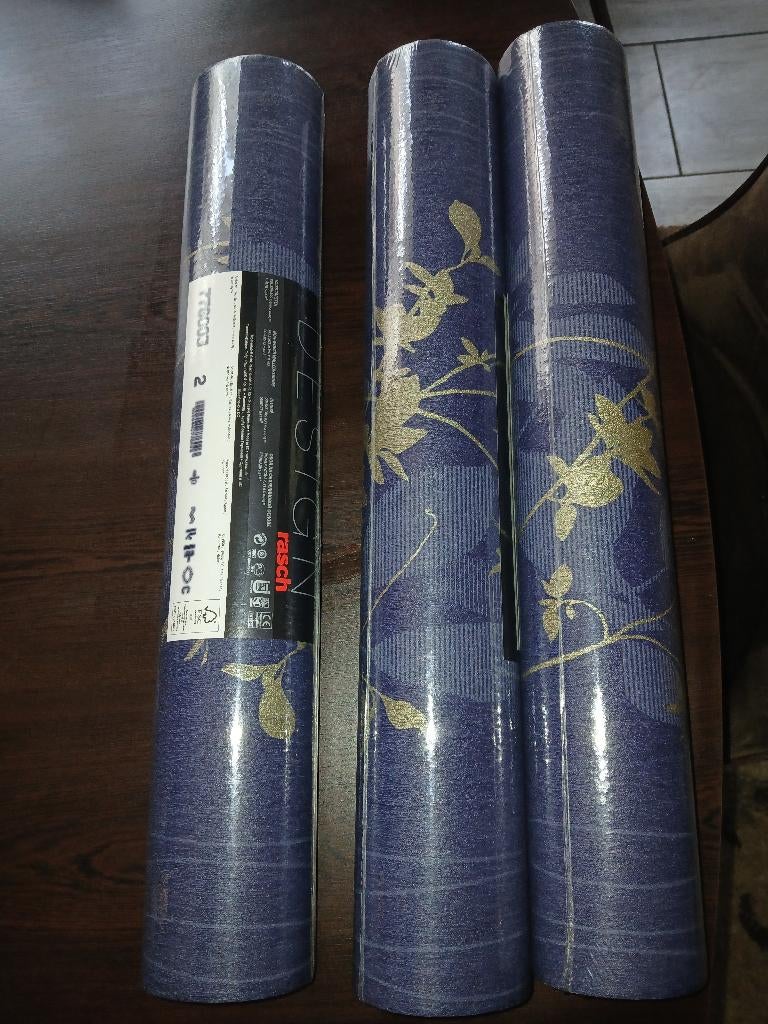 3 rouleaux Papier Peint Rasch "Vincenza" - Bleu & Or, Enlèvement ou Envoi, Bleu