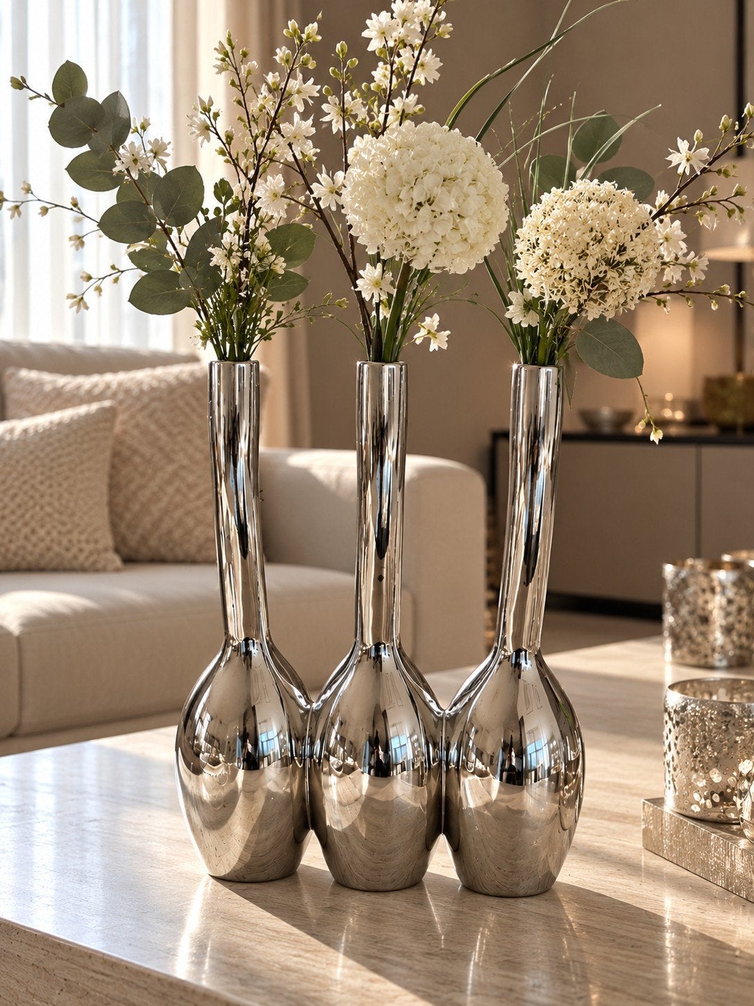 Set van 3 zilverkleurige designvazen – hoogglans, Maison & Meubles, Enlèvement ou Envoi, Argenté