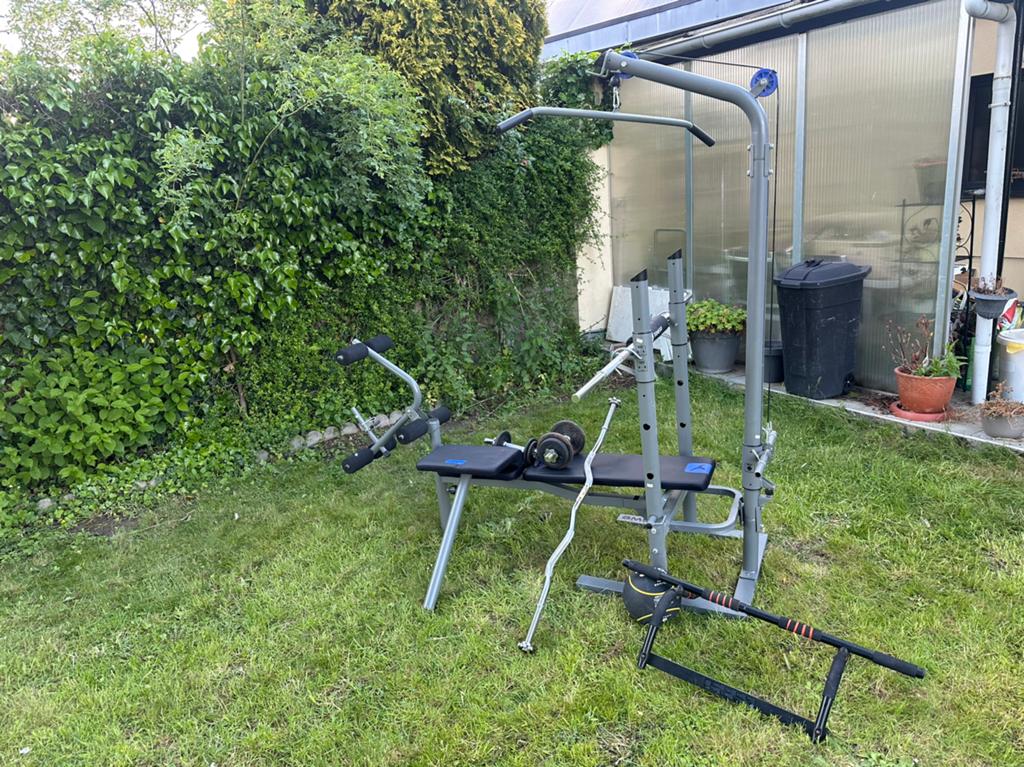 Home gym Domyos complet + ~150 kg de poids, Jambes, Enlèvement, Utilisé, Métal