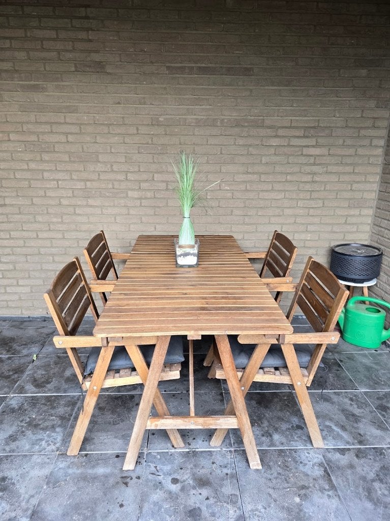 Prachtige buitenset tafel & 4 stoelen (armleuningen/kussens), Tuin en Terras, Ophalen, 4 zitplaatsen, Bijzettafel, Zo goed als nieuw