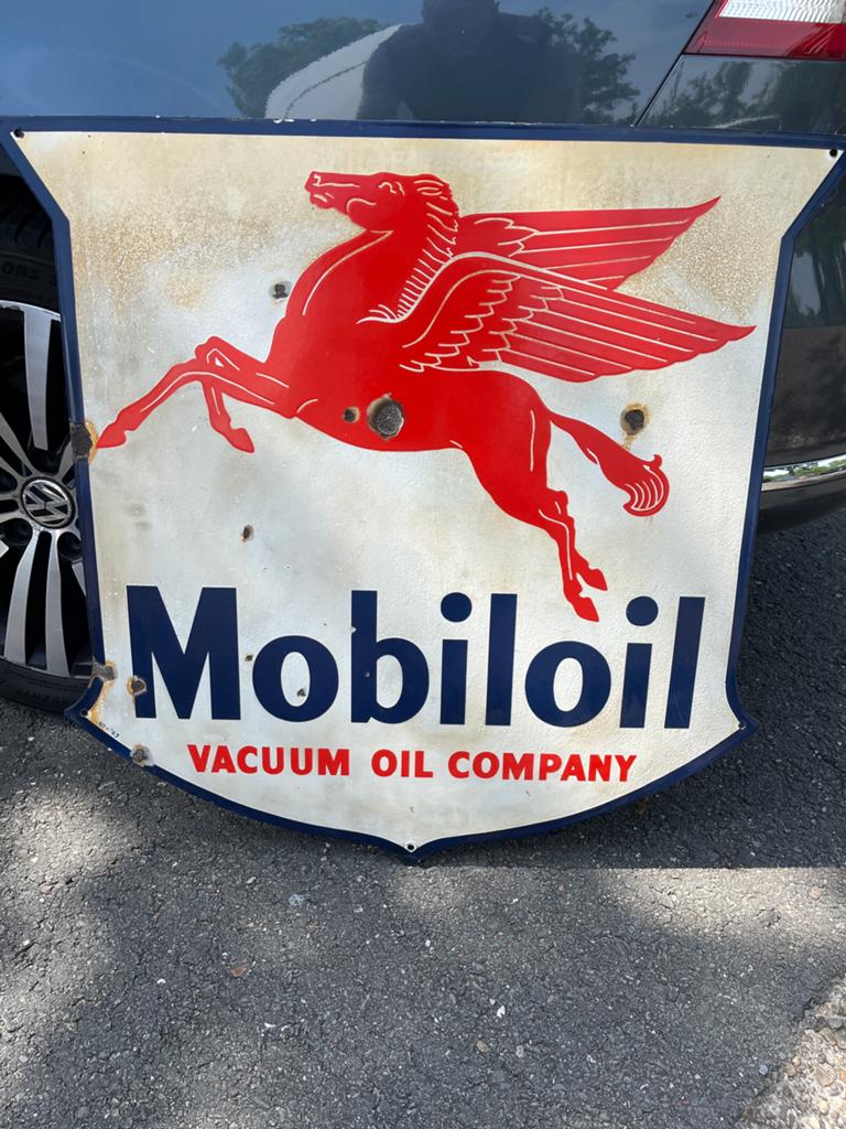 Origineel Mobiloil emaille bord 1953, Verzamelen, Ophalen, Gebruikt, Reclamebord