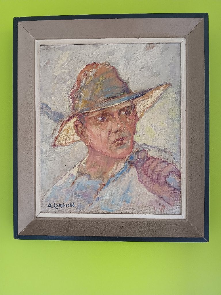 Portret van landbouwer, Textile, Peinture à l'huile, Signé, Enlèvement