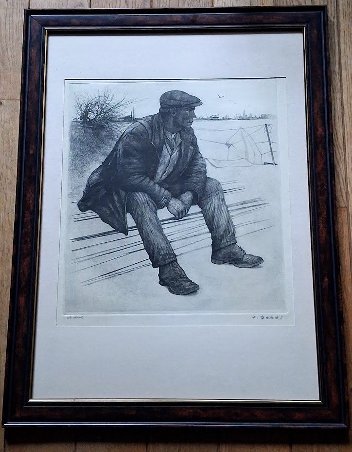 Gorus Jaak grote ets "Docker" getekend/kader, Stadsgezicht, Ophalen of Verzenden, Met tekst, 1950 - 1999