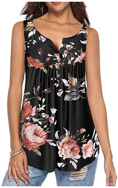 Top Débardeur fluide sans manches noir à fleurs, Envoi, Neuf, Noir, Sans manches