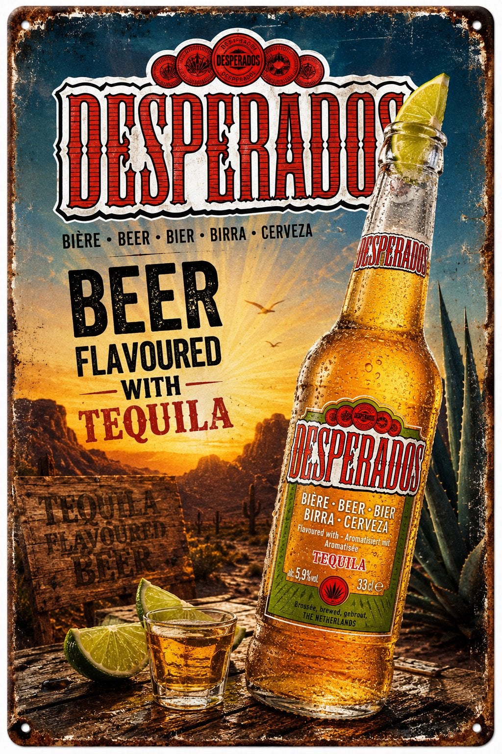 Panneau pub Desperados 4 en métal - rétro vintage mancave, Enlèvement ou Envoi, Neuf, Panneau publicitaire