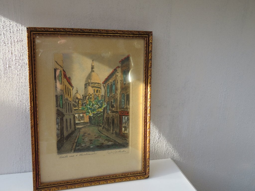 Gravure couleur G Dinchat Paris, Vieille Rue à Montmartre, Antiquités & Art, Enlèvement ou Envoi, Eau-forte, Signé