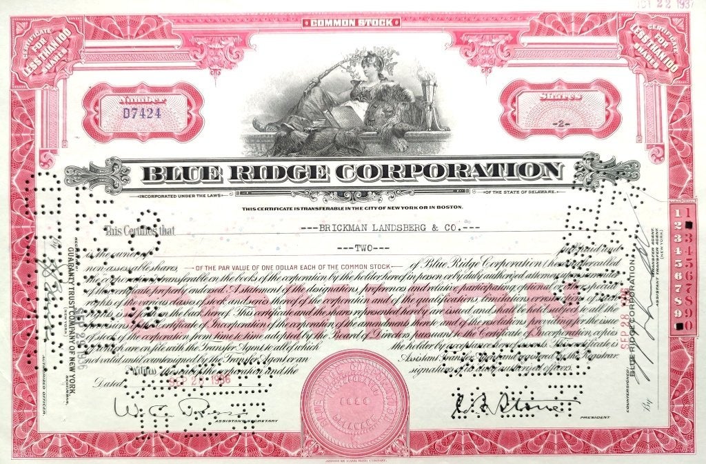Blue Ridge Company (Goldman Sachs schandaal!) uit 1937, Timbres & Monnaies, Enlèvement ou Envoi, 1920 à 1950, Certificat d'action