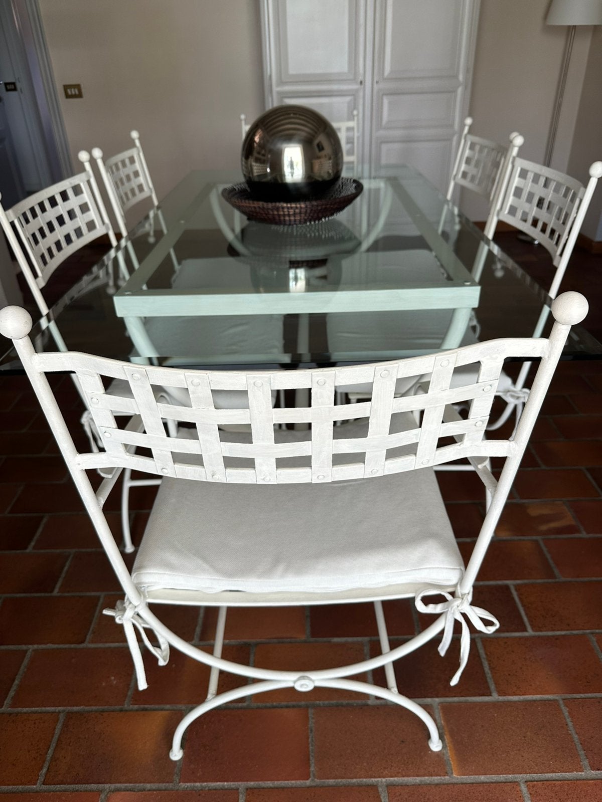 Table en verre , fer forgé salle a manger + 6 chaises, Maison & Meubles, 150 à 200 cm, Cinq personnes ou plus, Verre, Enlèvement