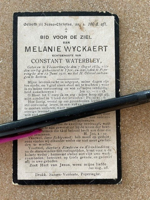 14-18 Oorlogsvluchteling Vlamertinge Wyckaert en + Poperinge, Verzamelen, Bidprentjes en Rouwkaarten, Ophalen of Verzenden, Bidprentje