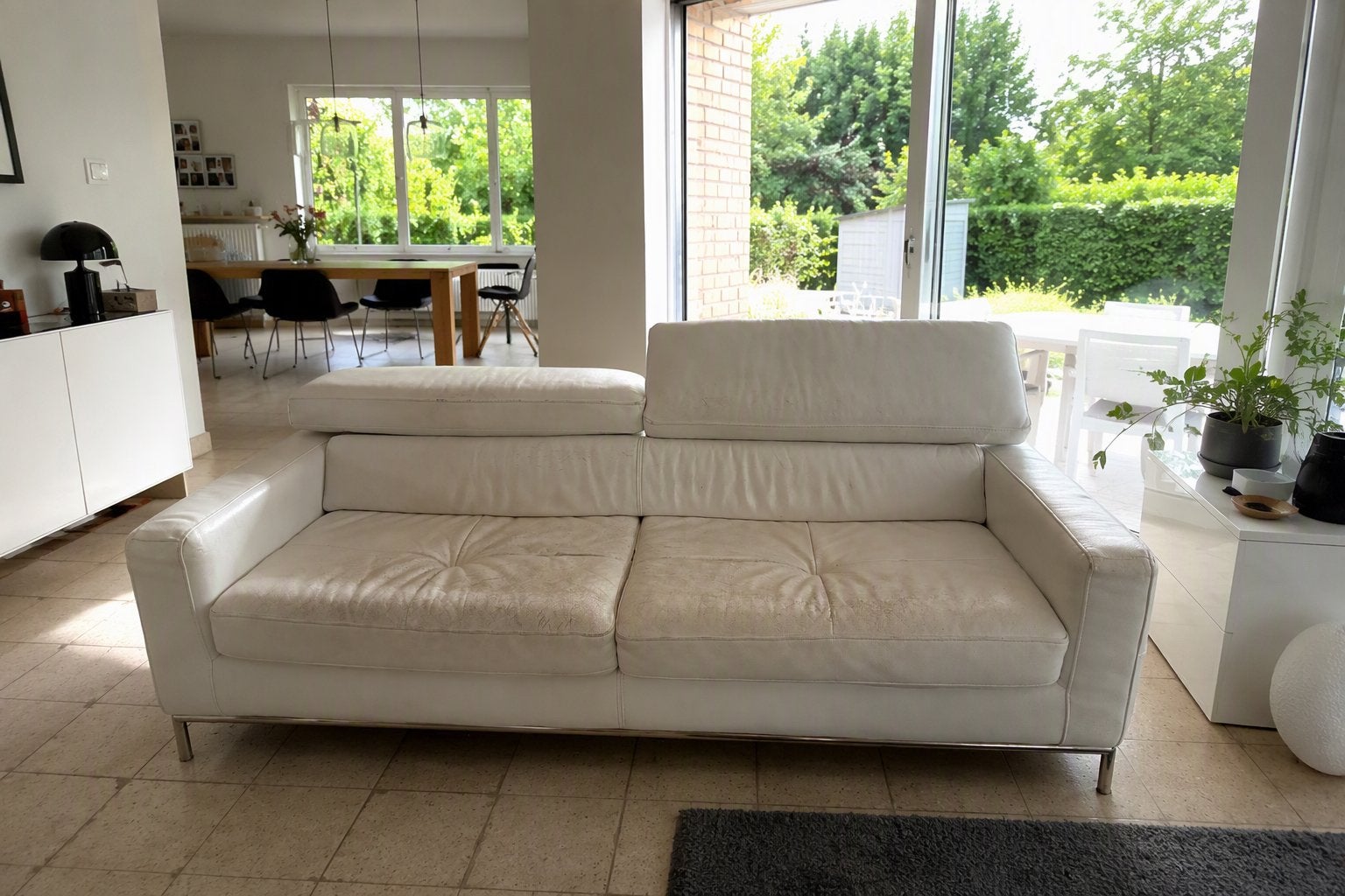Witte leren 3-zitszetel, Ophalen, Gebruikt, 150 tot 200 cm, Driepersoons