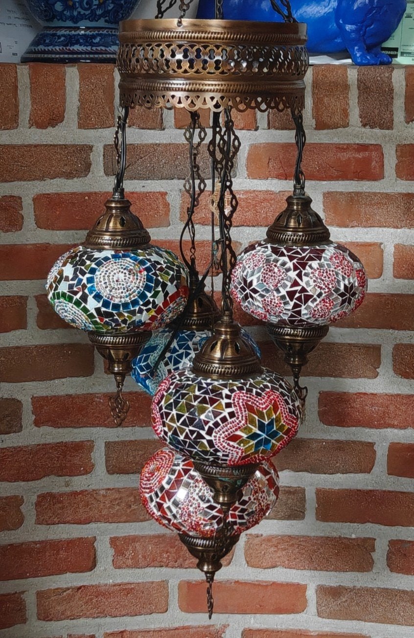 Turkse Mozaïek Kroonluchter 5 Bollen - Handgemaakt Oosterse, Huis en Inrichting, Ophalen of Verzenden