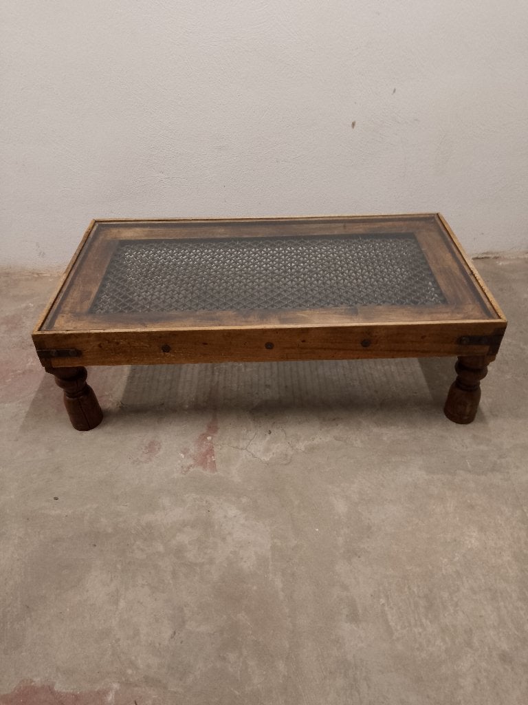 Eiken salon-/koffietafel-Spaanse stijl met ijzer/glazen blad, 100 à 150 cm, Moins de 50 cm, Enlèvement, Utilisé
