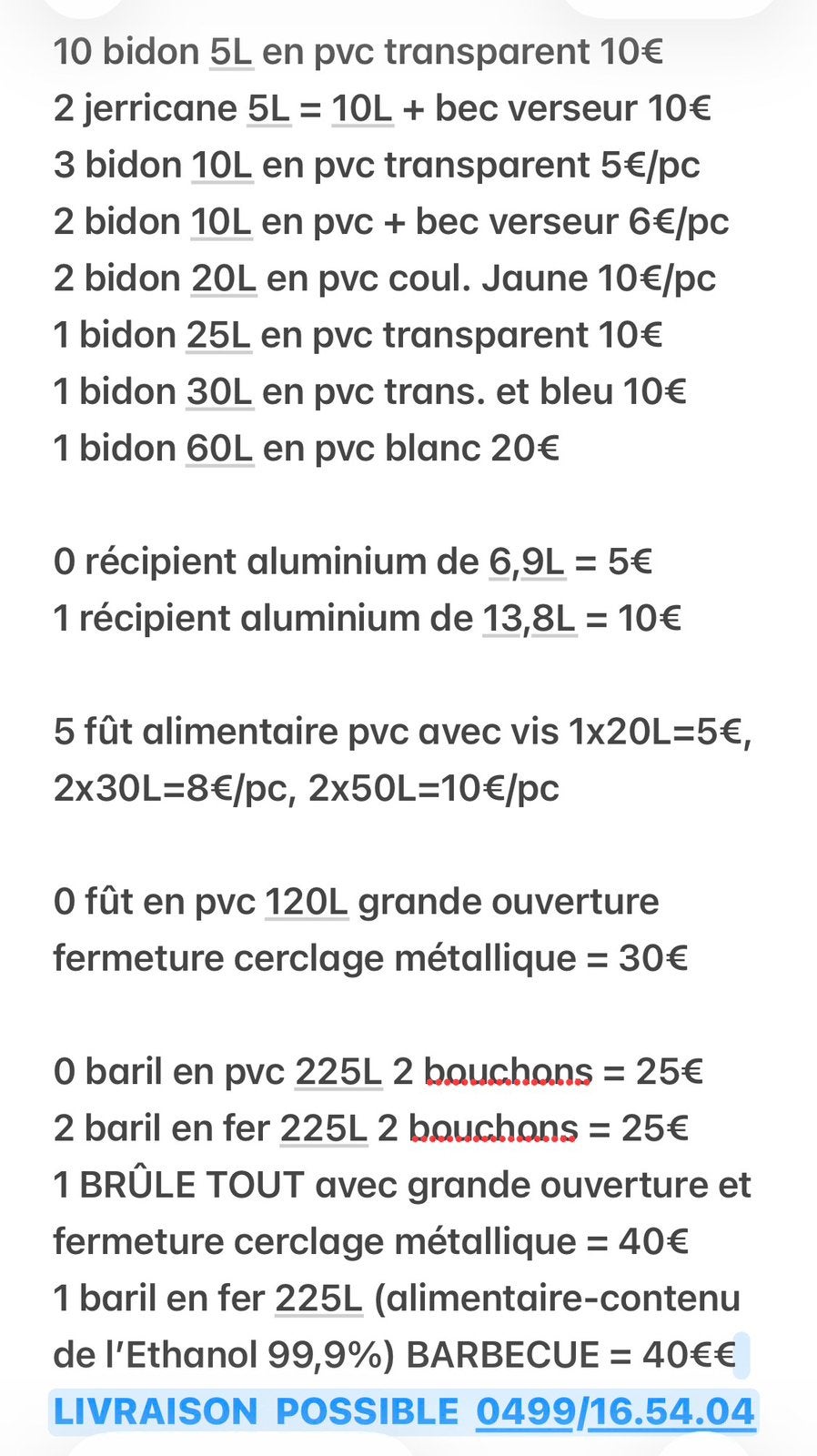 Baril fer 225L x 4 = 30€/pc + Bidon 5L-10L avec bec verseur, Enlèvement ou Envoi