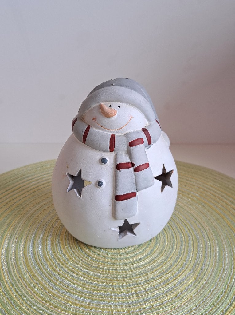 Kerstdecoratie - Keramieken theelichthouder sneeuwpop, Ophalen of Verzenden, Gebruikt