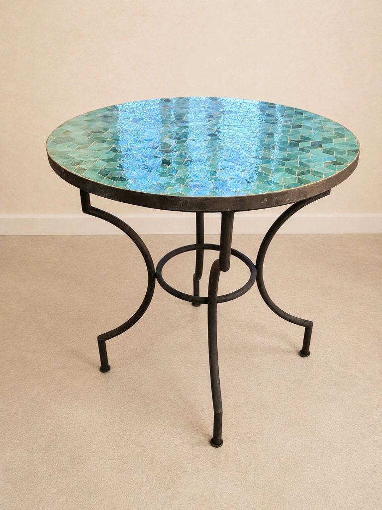 Unieke mozaïeke natuursteen tafel/ licht blauw, Ophalen of Verzenden, Nieuw, Vier personen, Rond