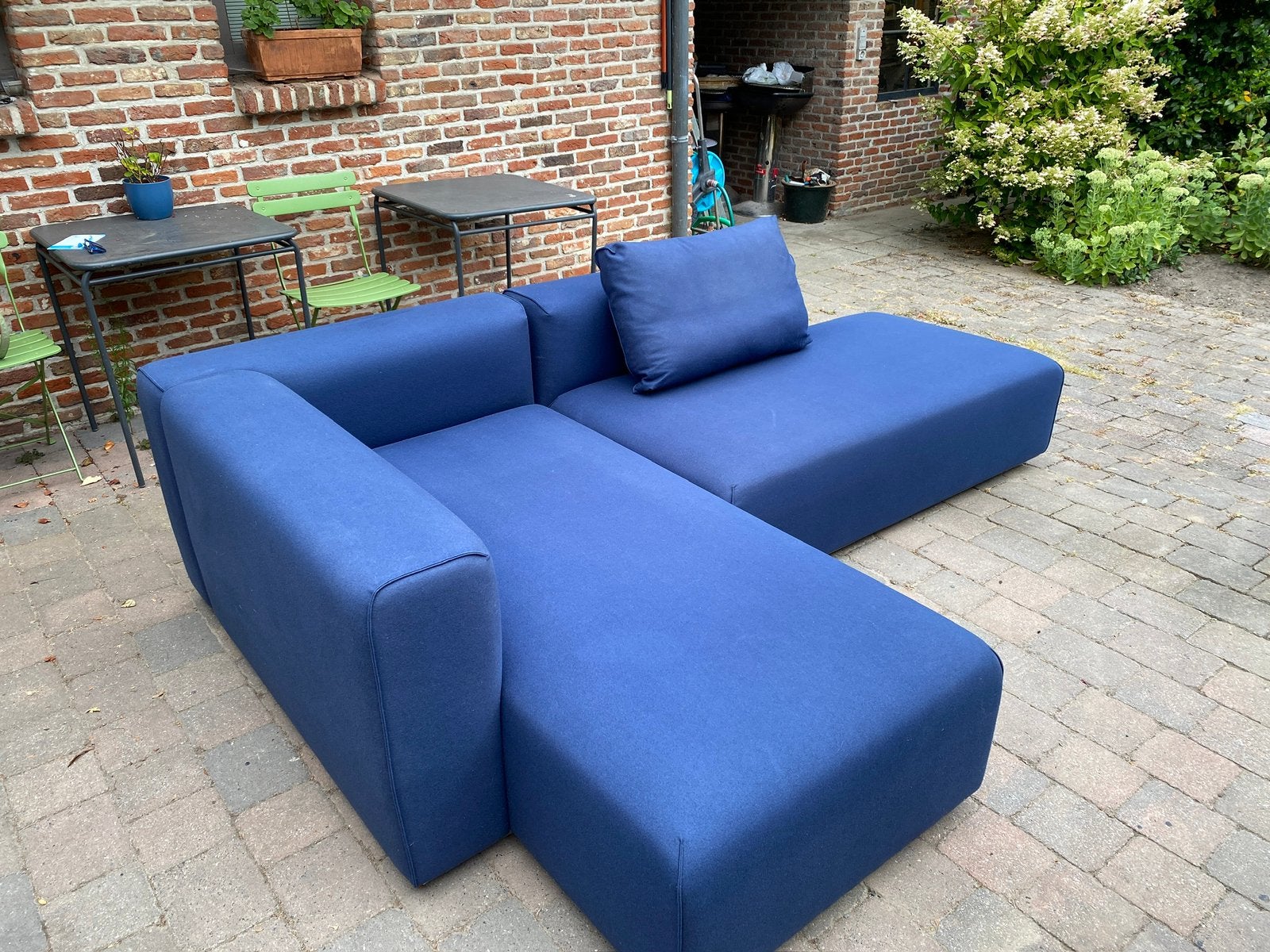 Blauwe hoekzetel met longchair, Huis en Inrichting, Zetels | Zetels en Chaises Longues, Ophalen, 125 tot 150 cm, Zo goed als nieuw