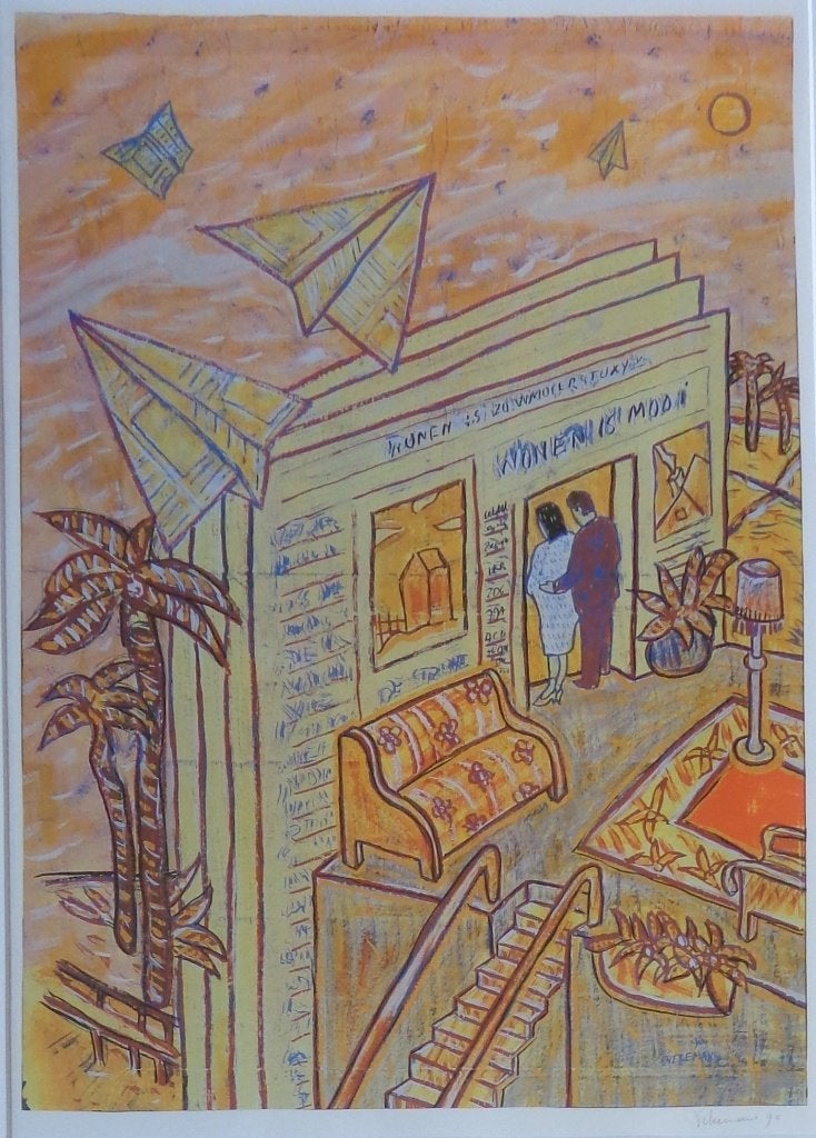 BRUNO VEKEMANS / WONEN IS MOOI / OFFSETLITHO / 77x60cm KADER, Antiquités & Art, Avec verre, Enlèvement, Personnages et figures fantastiques