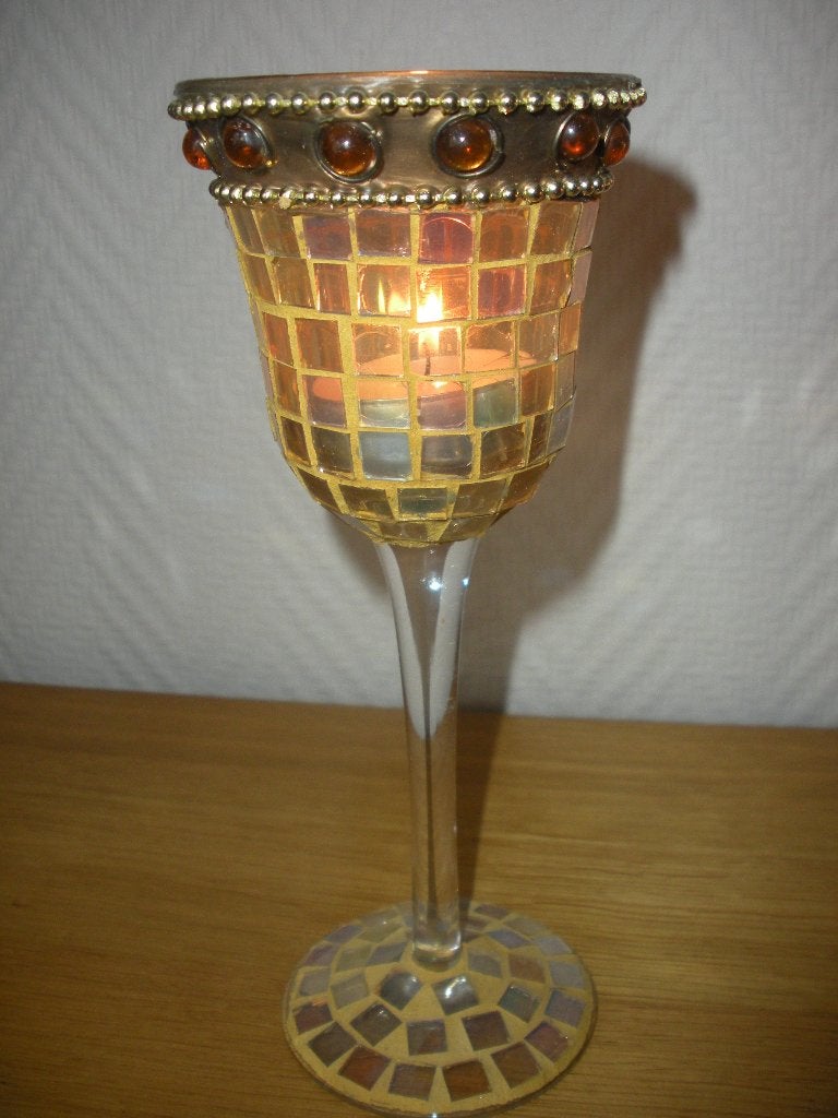 Verres/bougeoirs (2) sur pied avec perles & mosaïques., 19 cm, Beige, Comme neuf, Verre