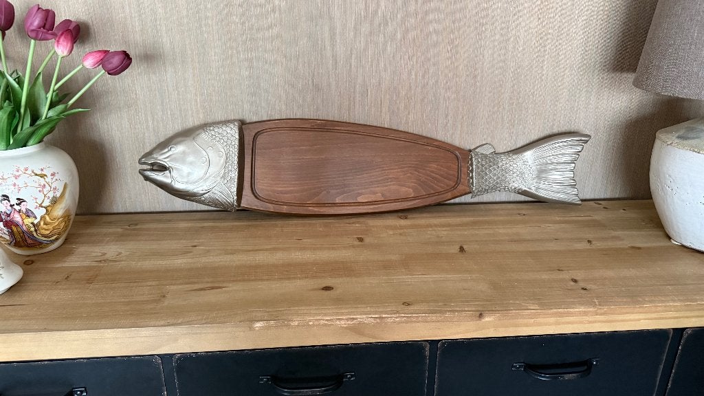 Vintage XXL vis serveerplank hout en metaal – 90 cm lang, Huis en Inrichting, Woonaccessoires | Dienbladen, Ophalen, Zo goed als nieuw