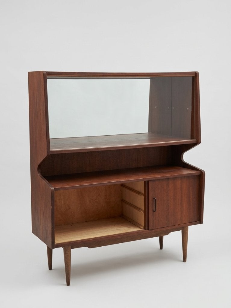 Vintage vitrinekast jaren 60 (teakhout look), Huis en Inrichting, Kasten | Vitrinekasten, Gebruikt, 100 tot 150 cm, 100 tot 150 cm