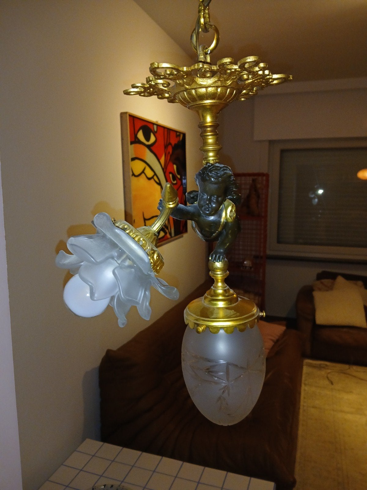 Franse belle époque hanglamp putti, Ophalen