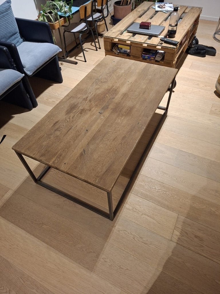 Salontafel, Huis en Inrichting, Ophalen, Gebruikt, Houten tafel met ijzeren onderstel, goede staat., 50 tot 100 cm