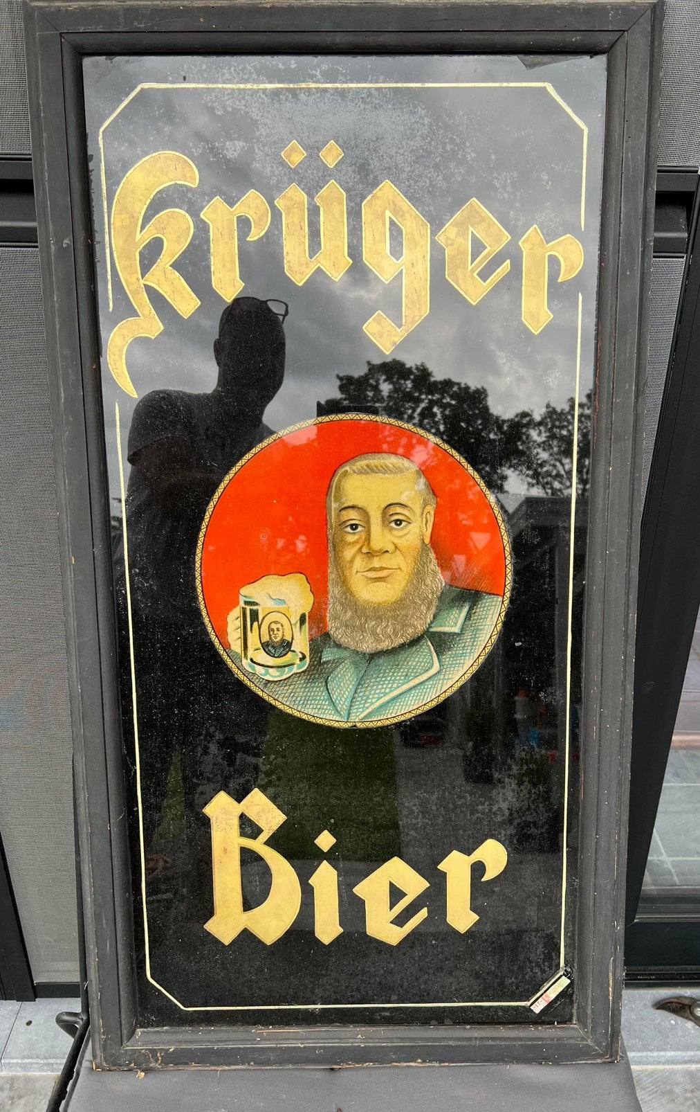 Oude glasplaat Kruger Bier, Ophalen, Gebruikt, Reclamebord