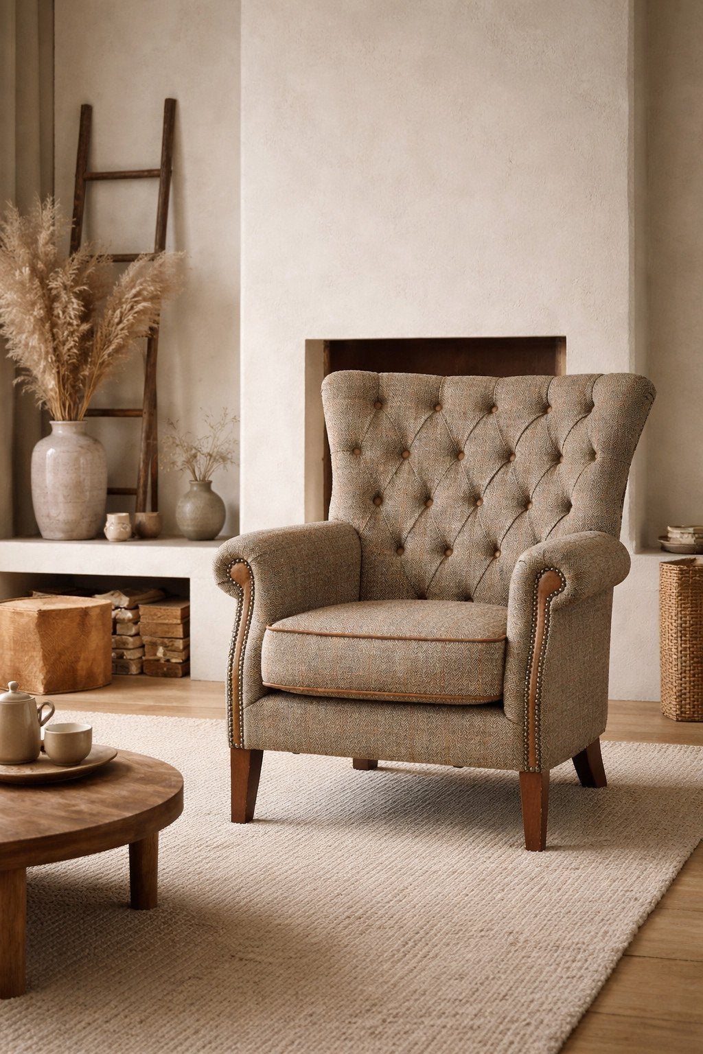 ALBANY HARRIS TWEED STOF FAUTEUIL MET COGNAC LEER, Ophalen of Verzenden