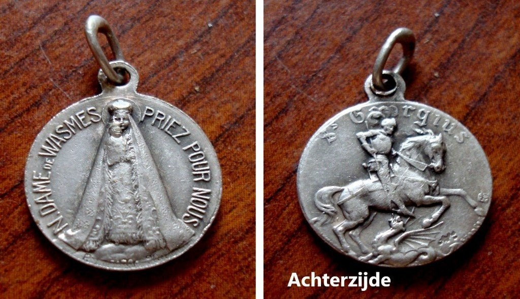 Medaille met Notre-dame de Wasmes en St. Georgius, Verzenden, Zo goed als nieuw, Overige typen, Christendom | Katholiek