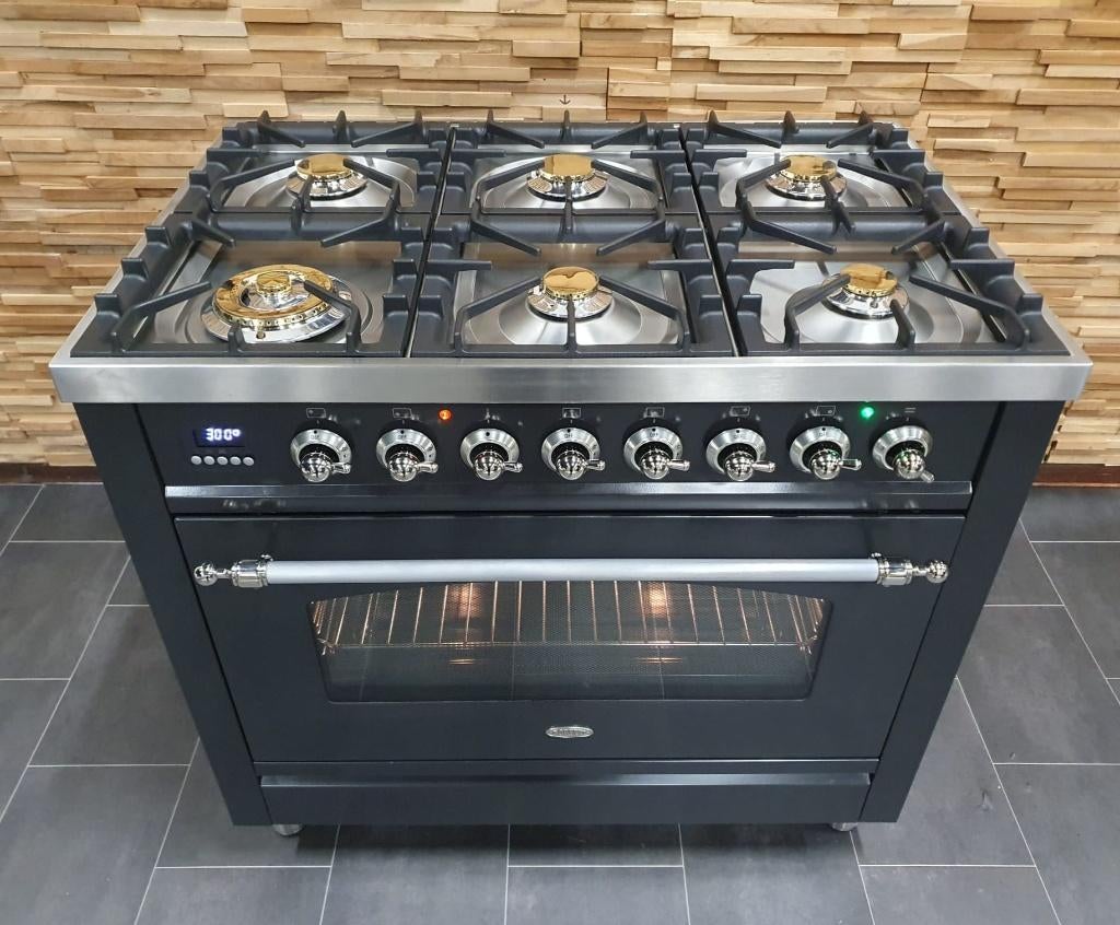 🔥Luxe Boretti Fornuis 90cm antraciet + rvs 6 pit 300° oven, Elektronische apparatuur, Fornuizen, Ophalen, 60 cm of meer, Zo goed als nieuw