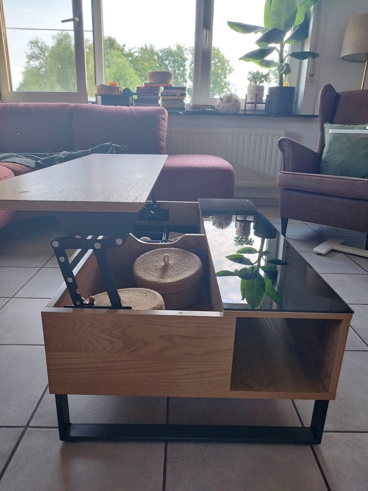 Salontafel - eiken fineer/glas zwart - 110x60x35 cm, Huis en Inrichting, Ophalen, Gebruikt, 100 tot 150 cm, Glas