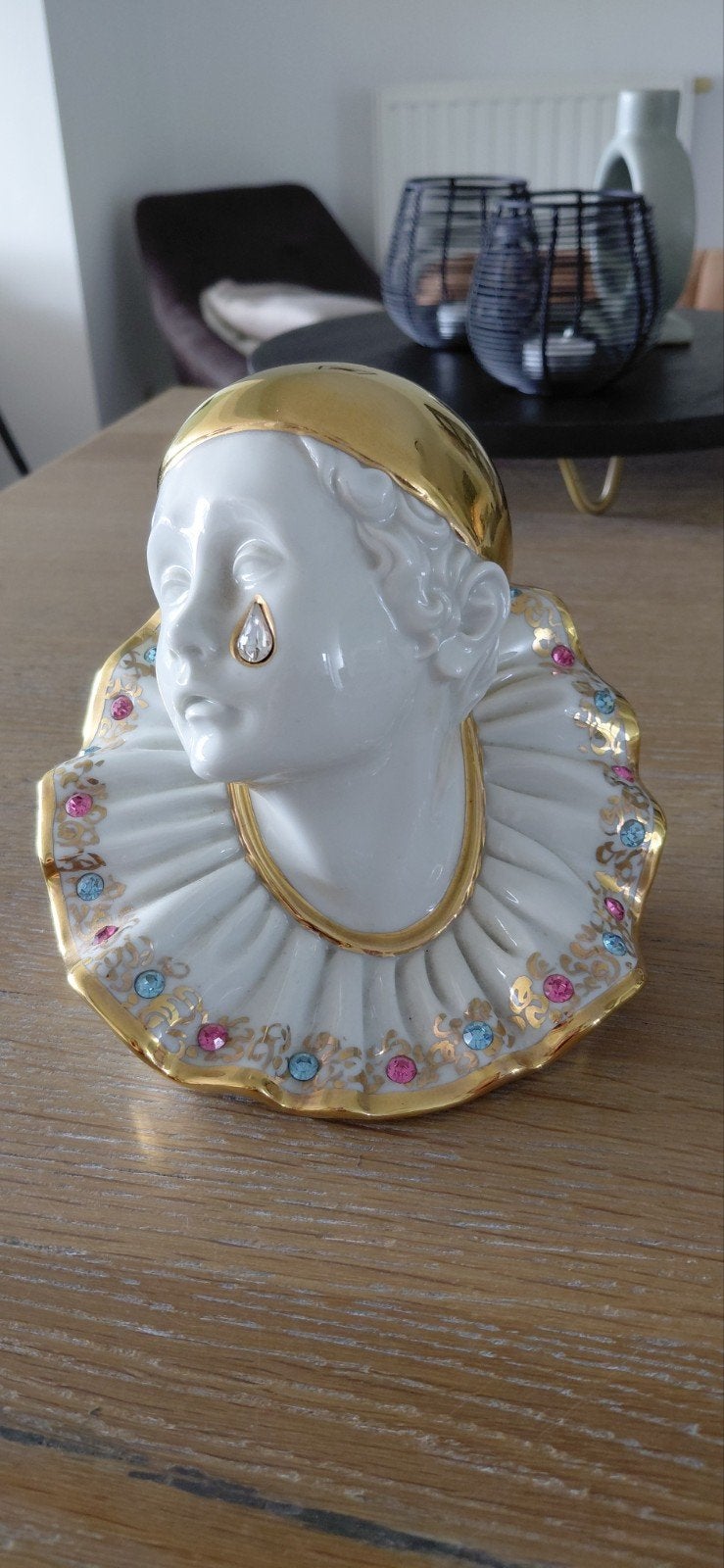 Italiaanse Pierrot Buste – Porselein, Goud & Swarovski, Enlèvement, Porcelaine