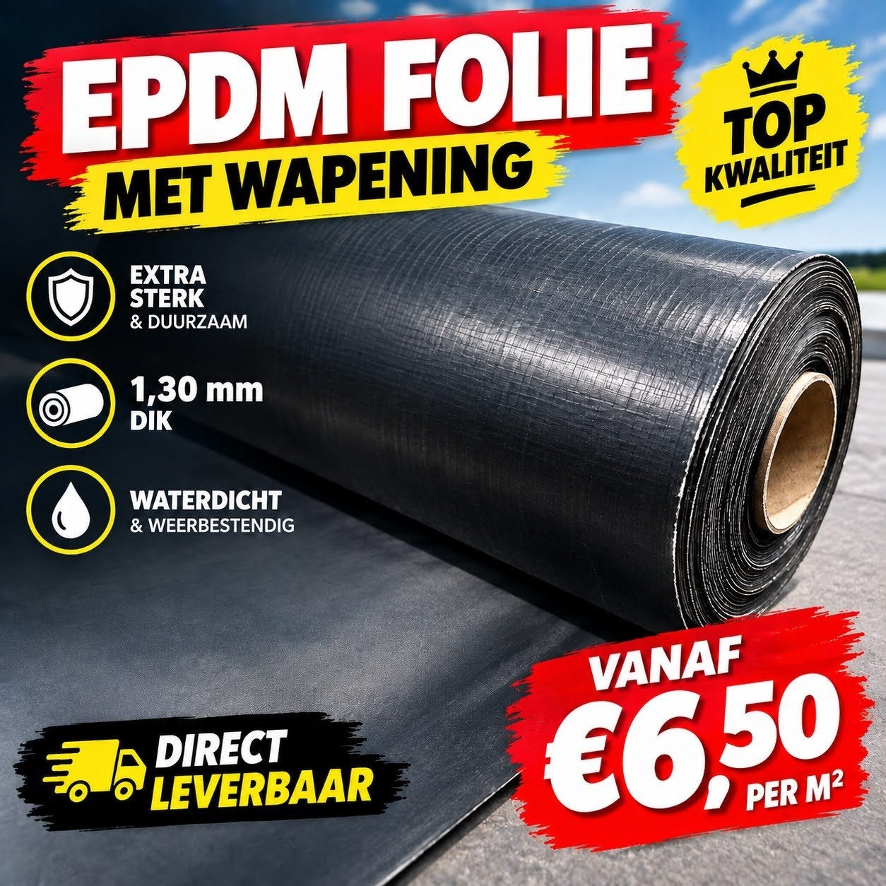 EPDM Folie met Wapening 1,30 mm NU vanaf € 6,50 per m², Doe-het-zelf en Bouw, Ophalen, Overige materialen, Zwart, Nieuw