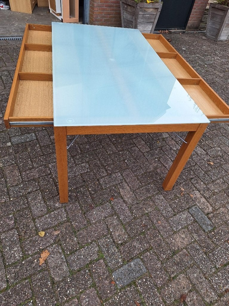 Table à manger en cerisier verre à lait 2 tiroirs cachés, Maison & Meubles, Chêne, Quatre personnes, 150 à 200 cm, Enlèvement ou Envoi